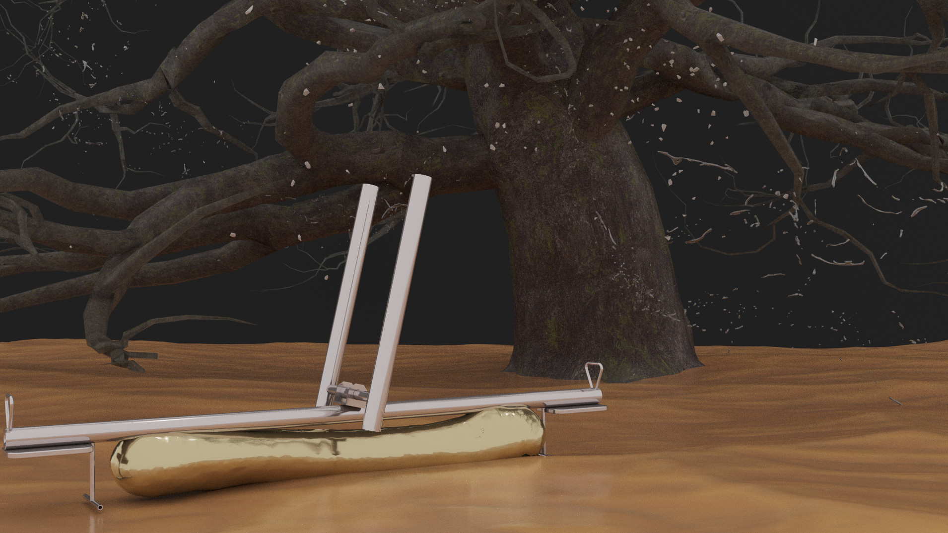 Still from a digital animation showing a tree and another object